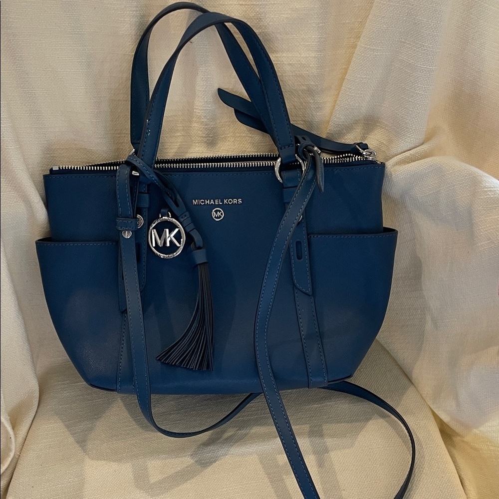 Michael Kors Blue Leather Tote with Tassel Charm